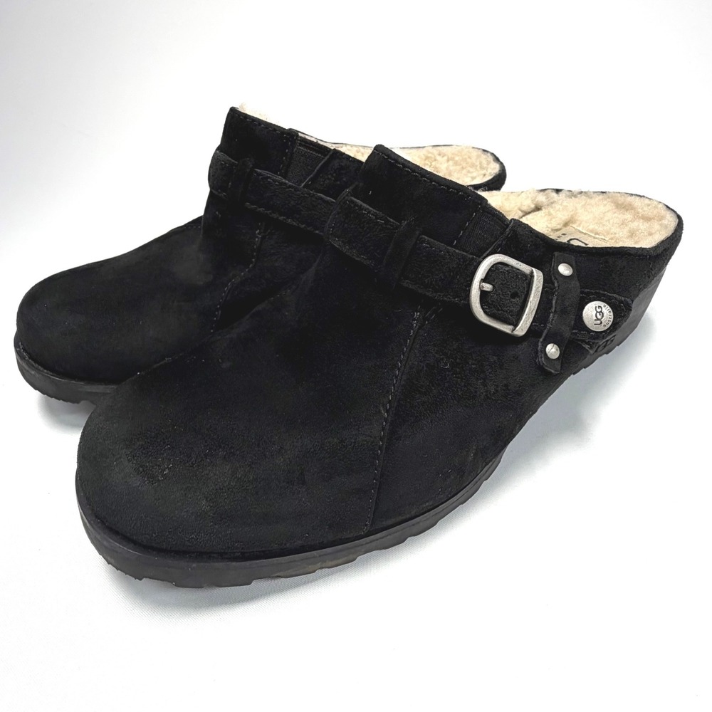 UGG Australia‎ Black Suede Shearling Clog Mule Buckle Womens 9 EU 40